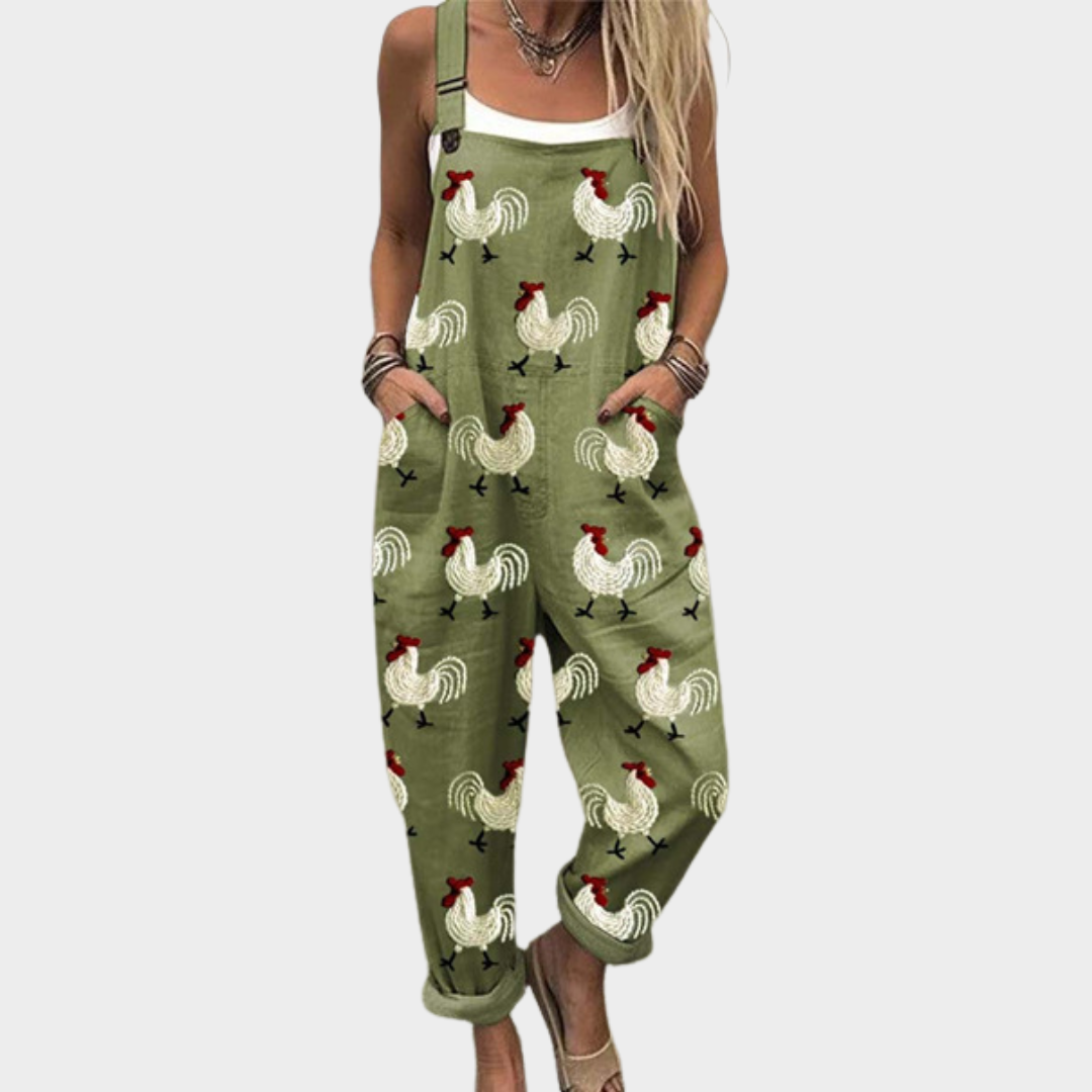 Olive-Green Dungarees with Rooster Motif
