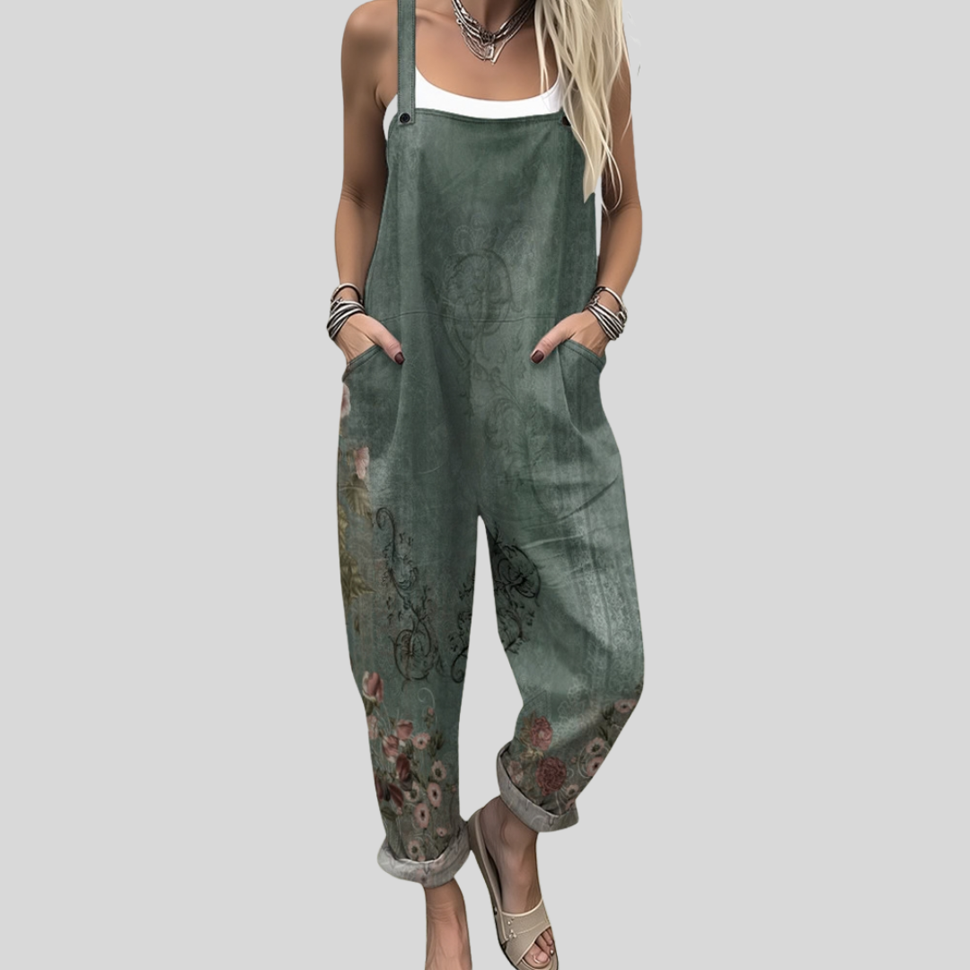 Dungarees in Olive Green with Floral Border