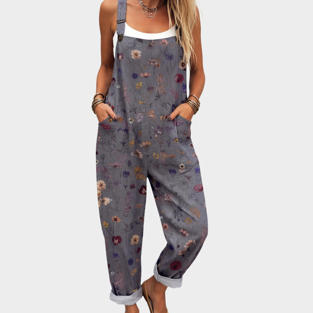 Dungarees with Scattered Flowers, Blue-Grey