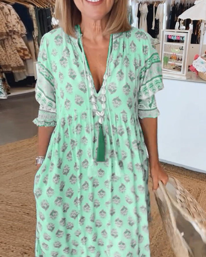 MANA | FLORAL V-NECK MIDI DRESS