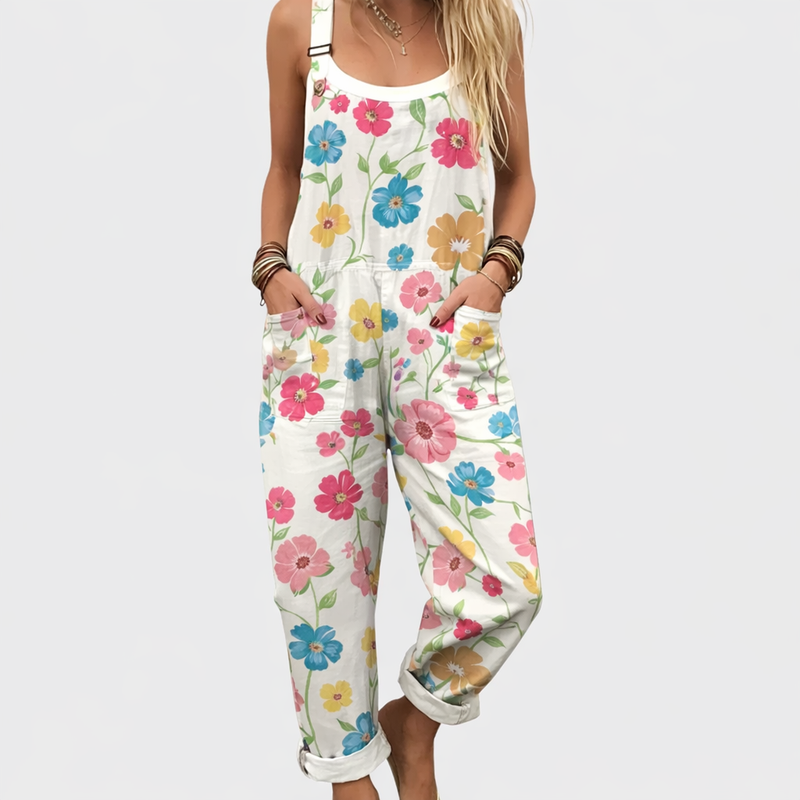 Colourful Floral Dungarees in Cream