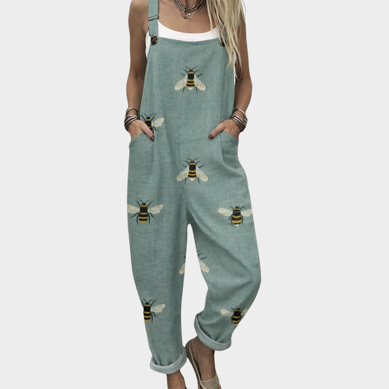 Sage-Green Dungarees with Bee Print