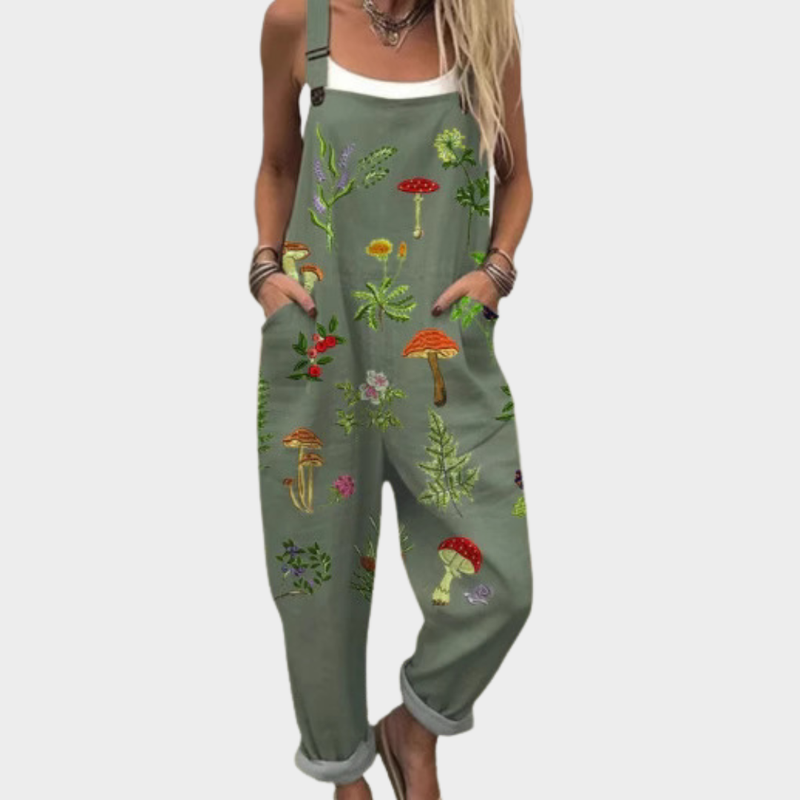 Dungarees with Mushroom Motif, Olive Green