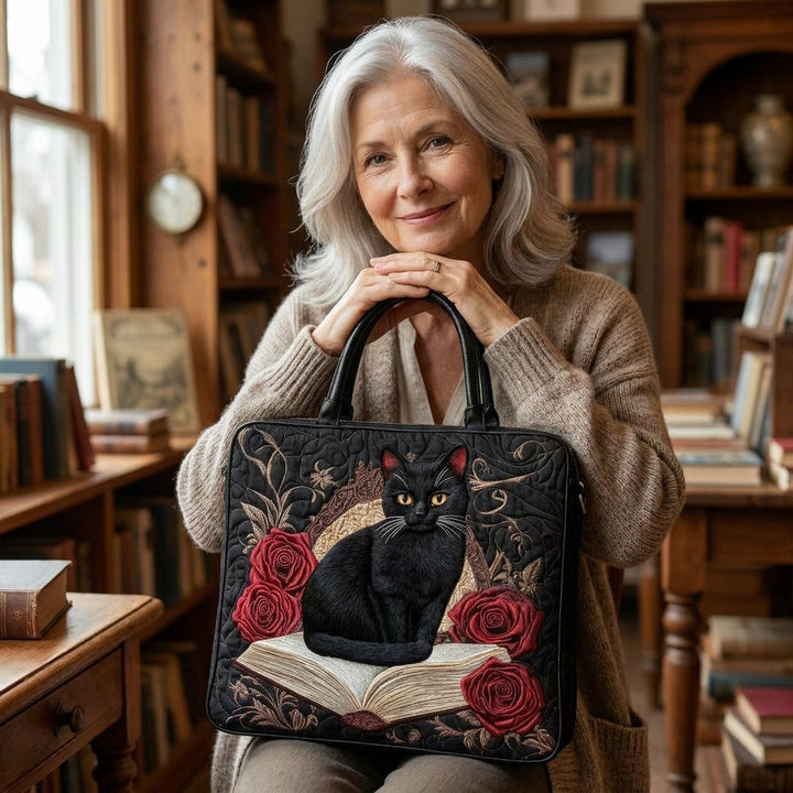 Black Cat on Books Artisan Quilted Bag