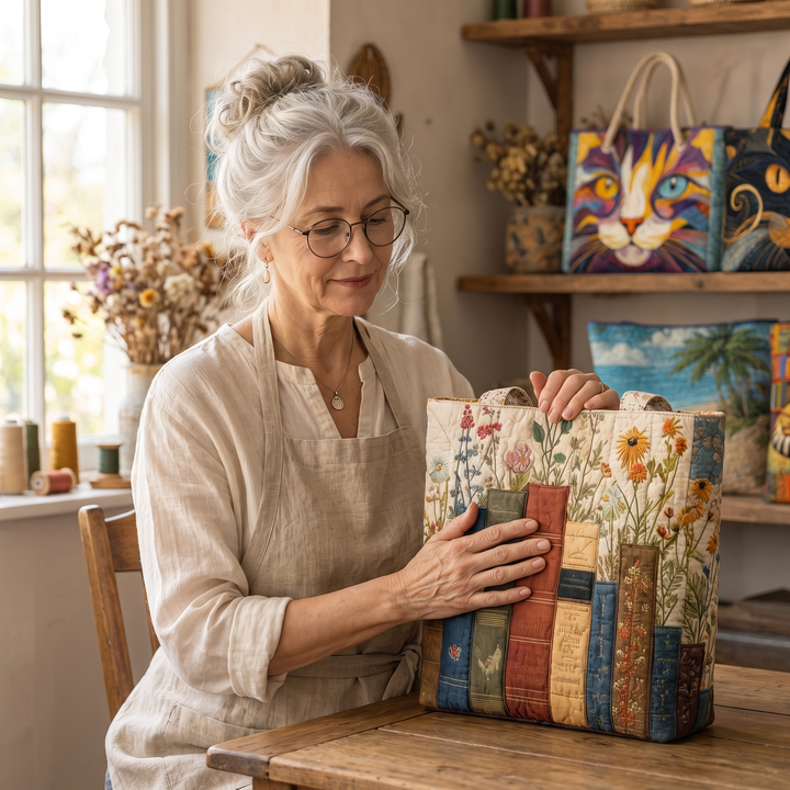Books and Flowers Artisan Quilted Bag