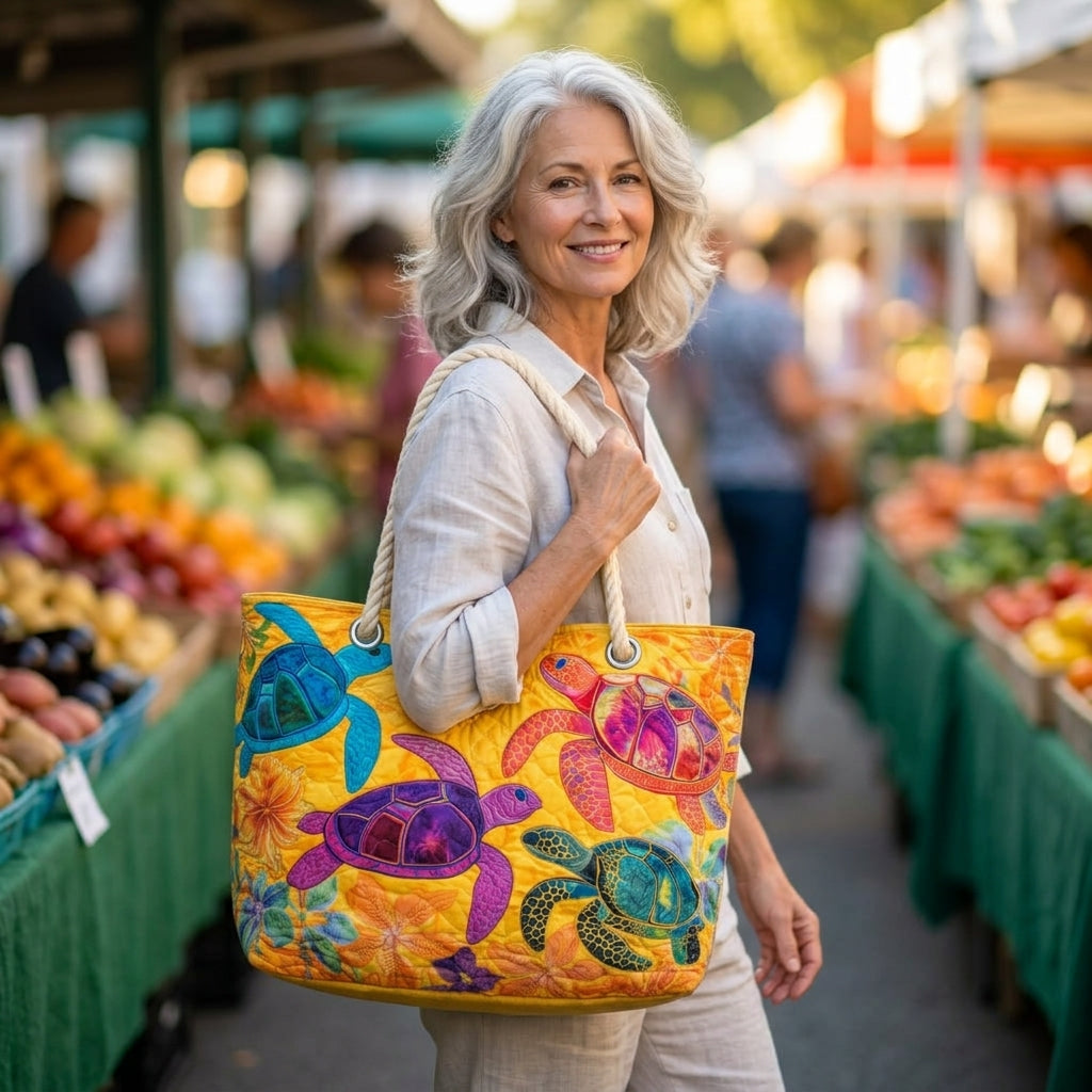 Coral Turtle Dream Artisan Quilted Beach Bag
