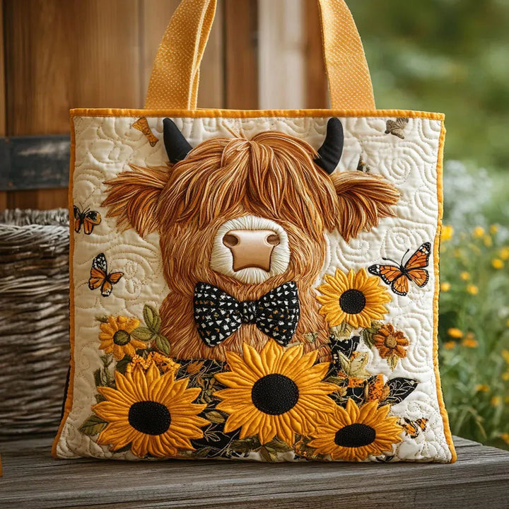 Highland Cow with Sunflowers Artisan Quilted Bag