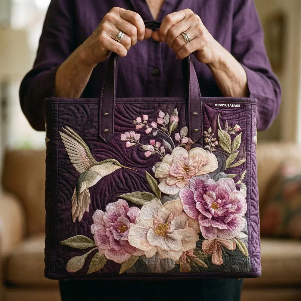 Hummingbirds and Orchids Artisan Quilted Bag