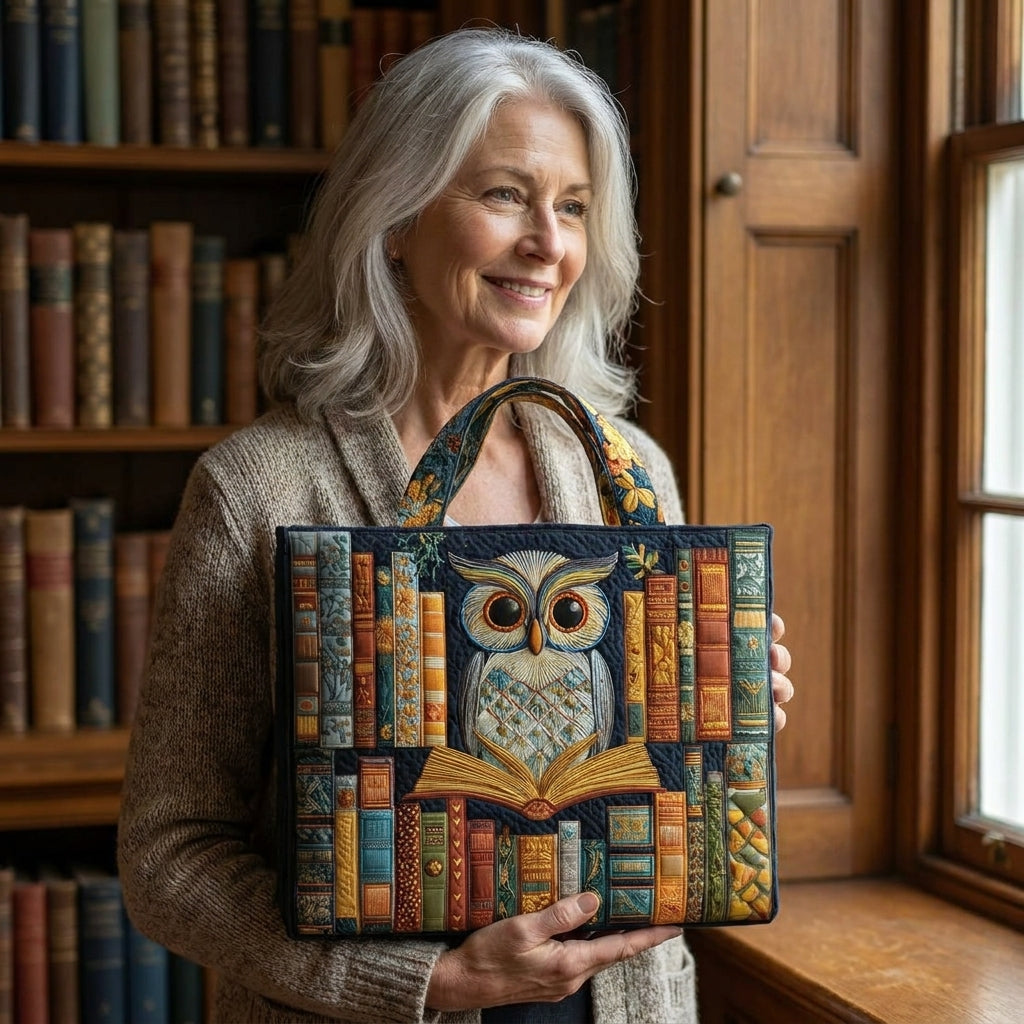 Owl and Vintage Books Artisan Quilted Bag