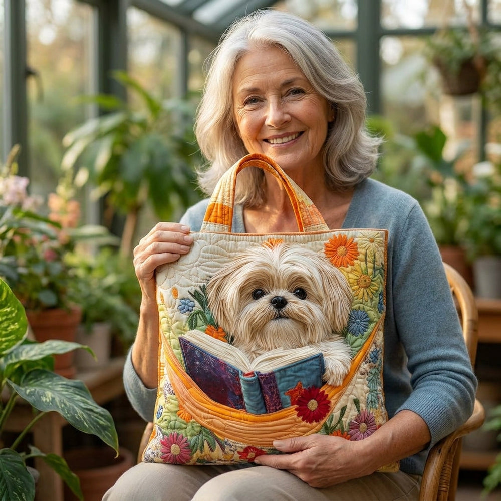 Shih Tzu with Books and Flowers Artisan Quilted Bag