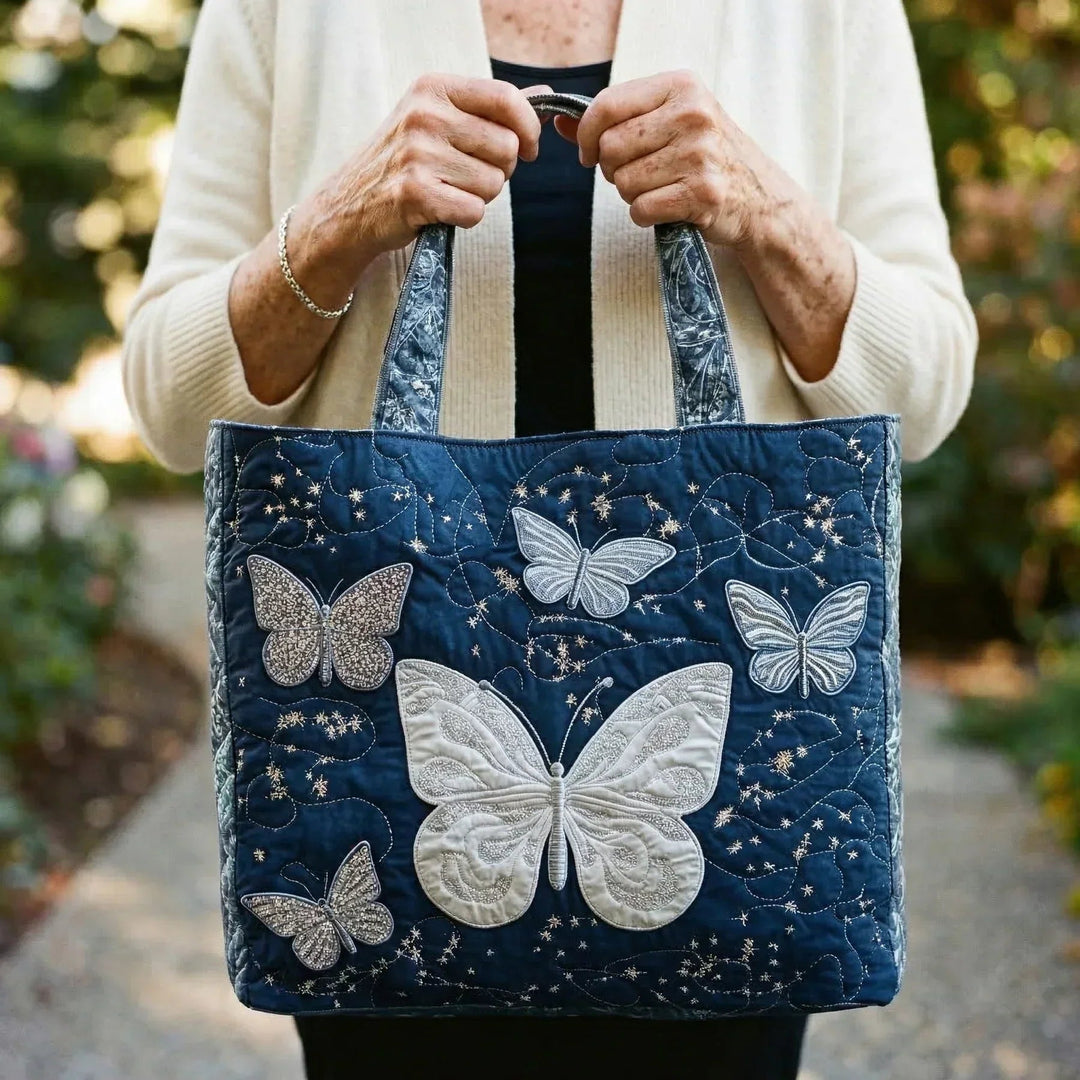 Silver Butterfly Artisan Quilted Bag