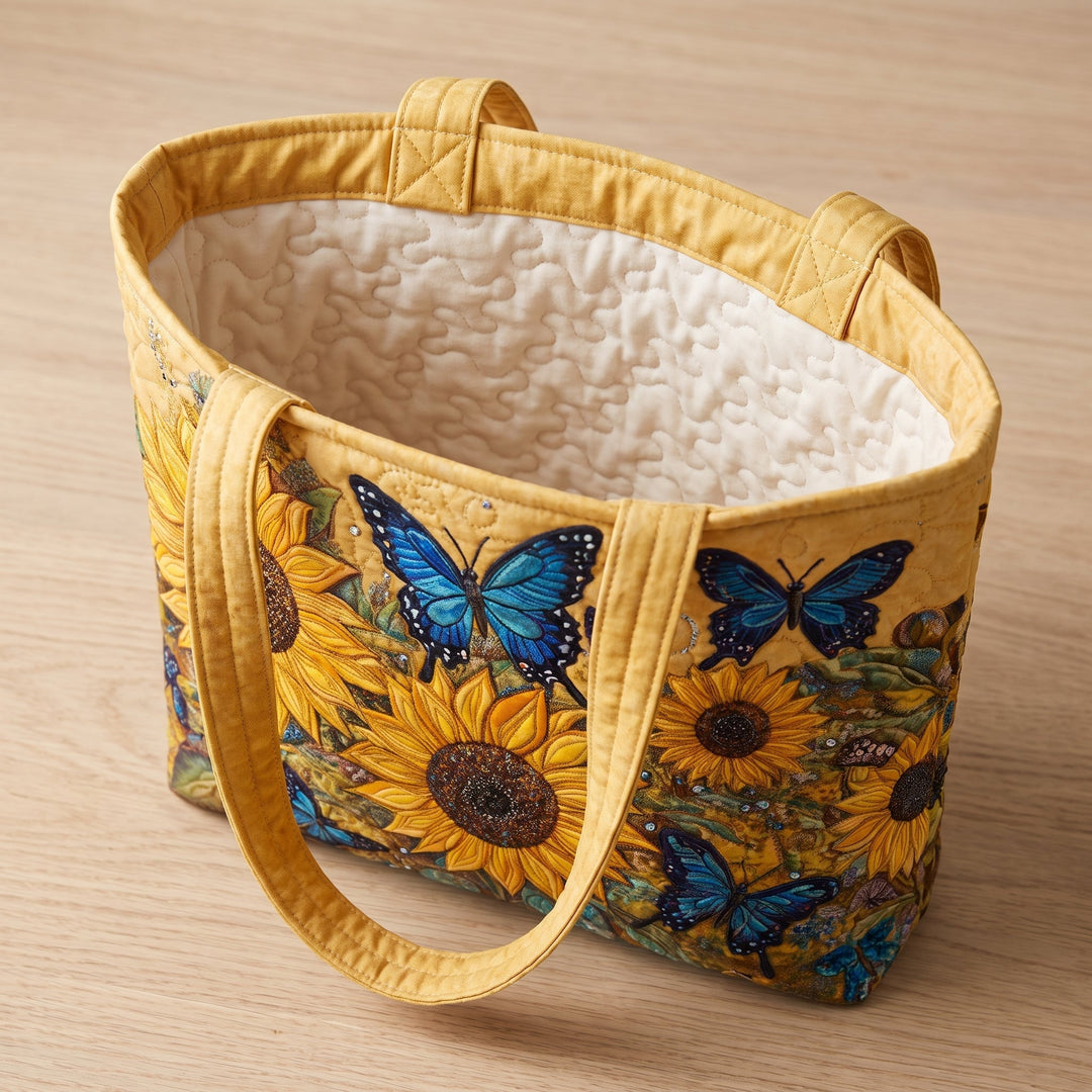Sunflowers and Blue Butterflies Artisan Quilted Bag