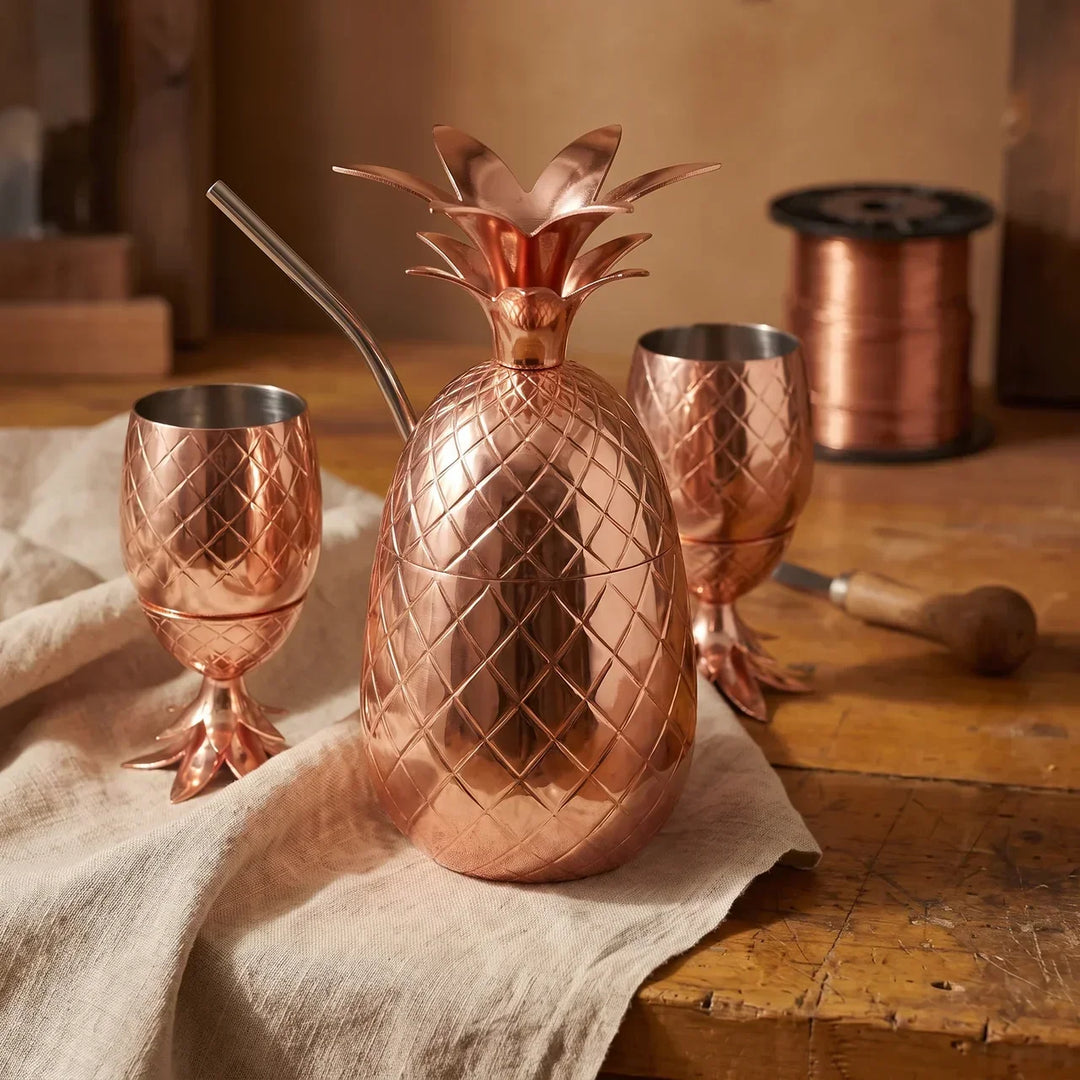 Hand-Hammered Copper Pineapple Glass Set