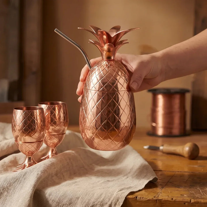 Hand-Hammered Copper Pineapple Glass Set